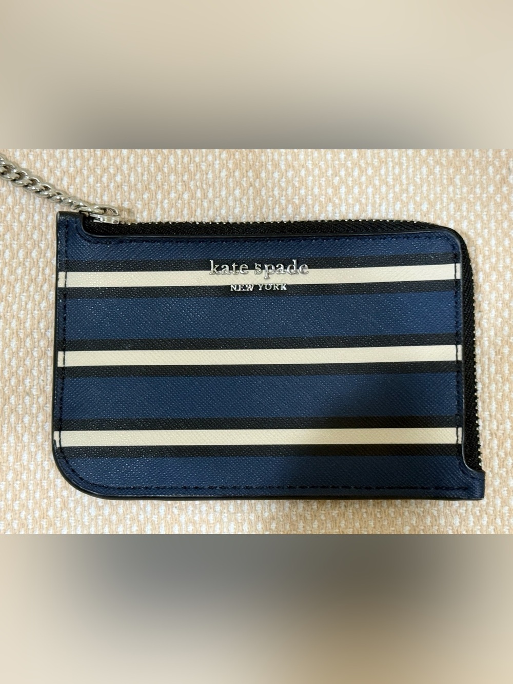 Kate Spade Spencer Stripe Zip Card Holder Navy Cream Leather Wallet - Picture 4 of 6